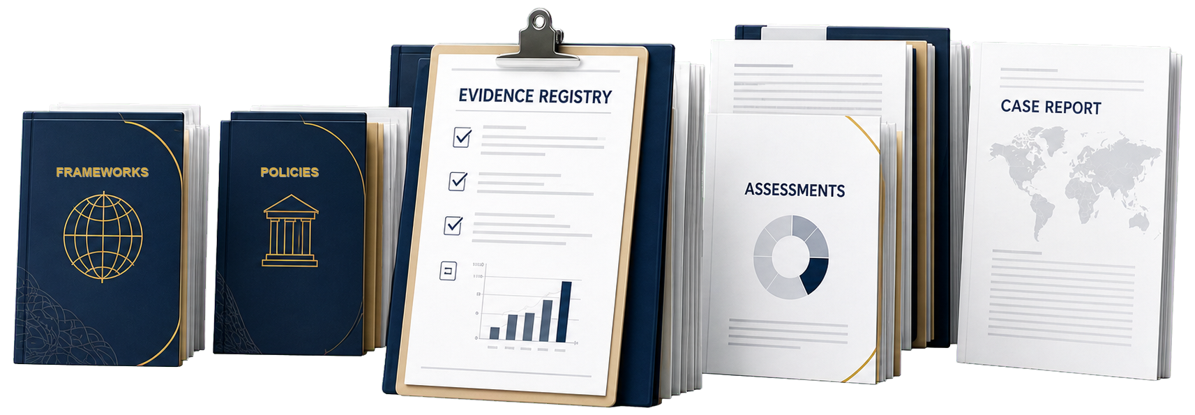 AABoard evidence registry document stack showing frameworks, policies, assessments, and case reports