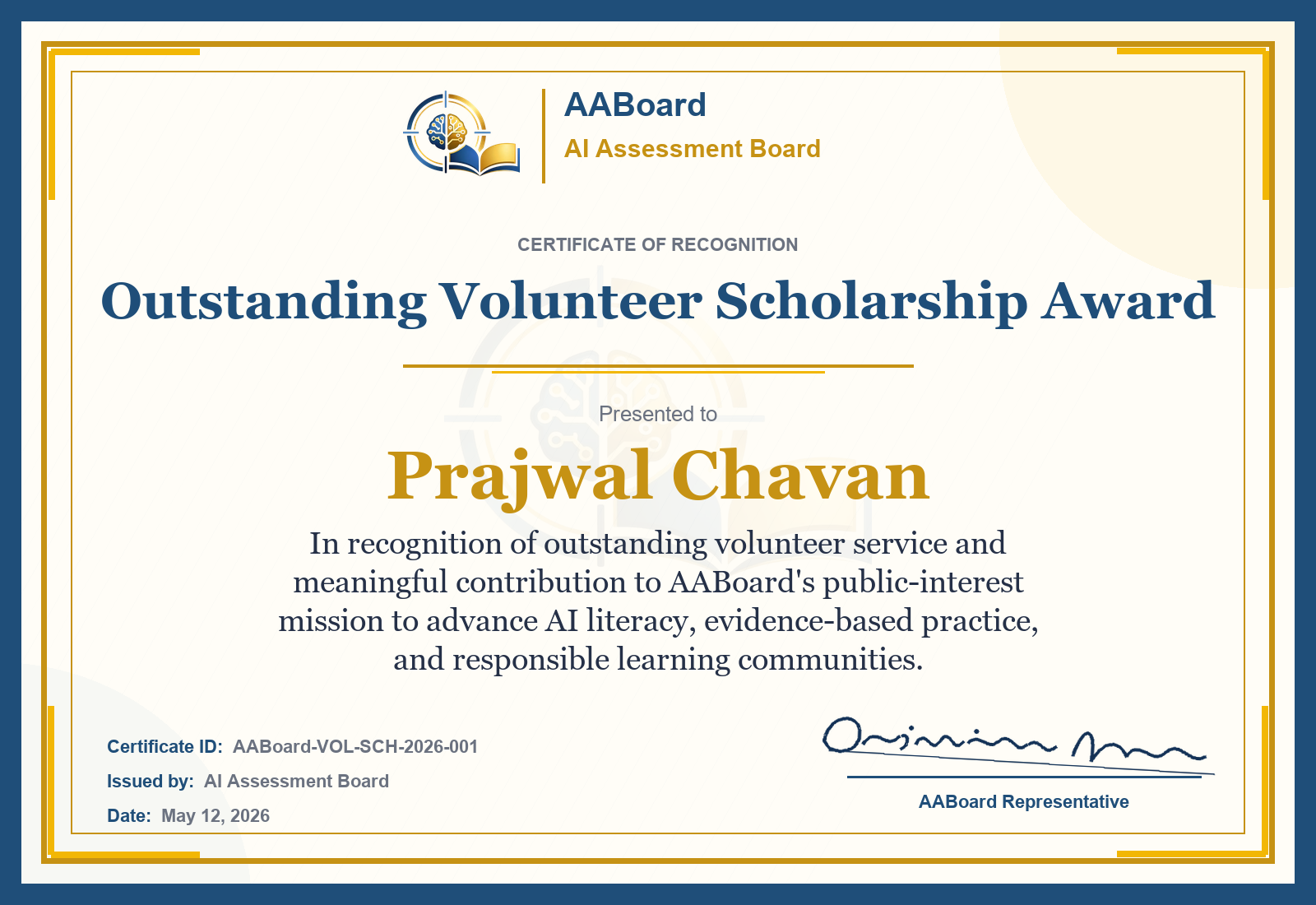 AABoard Volunteer Scholarship Award certificate for Prajwal Chavan